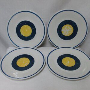 Gibson Vintage Target circle stoneware micro dish Dinner Plate Set 4 yellow blue